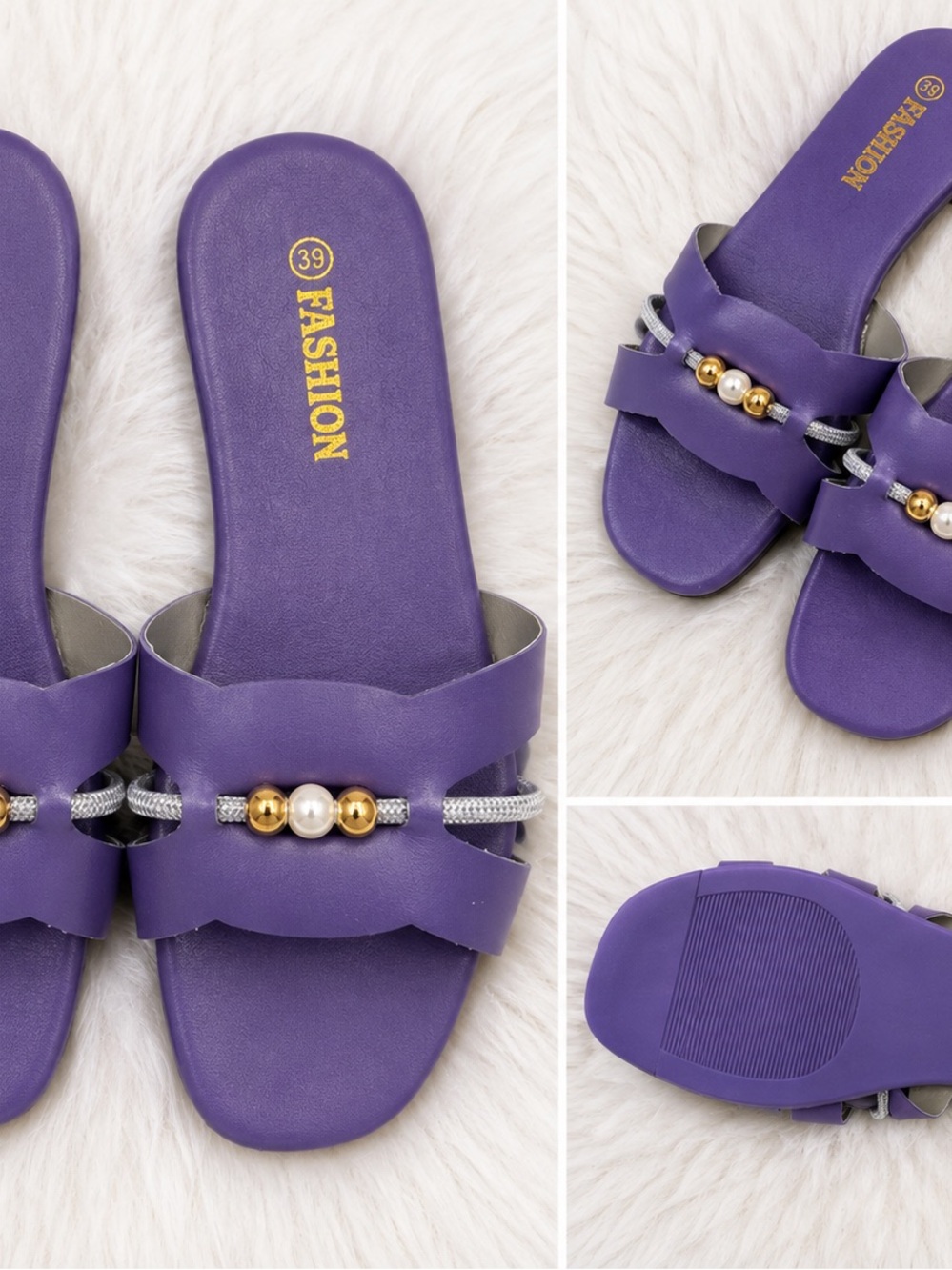 Fashion Women's Purple Slide Sandals with Decorative Beads